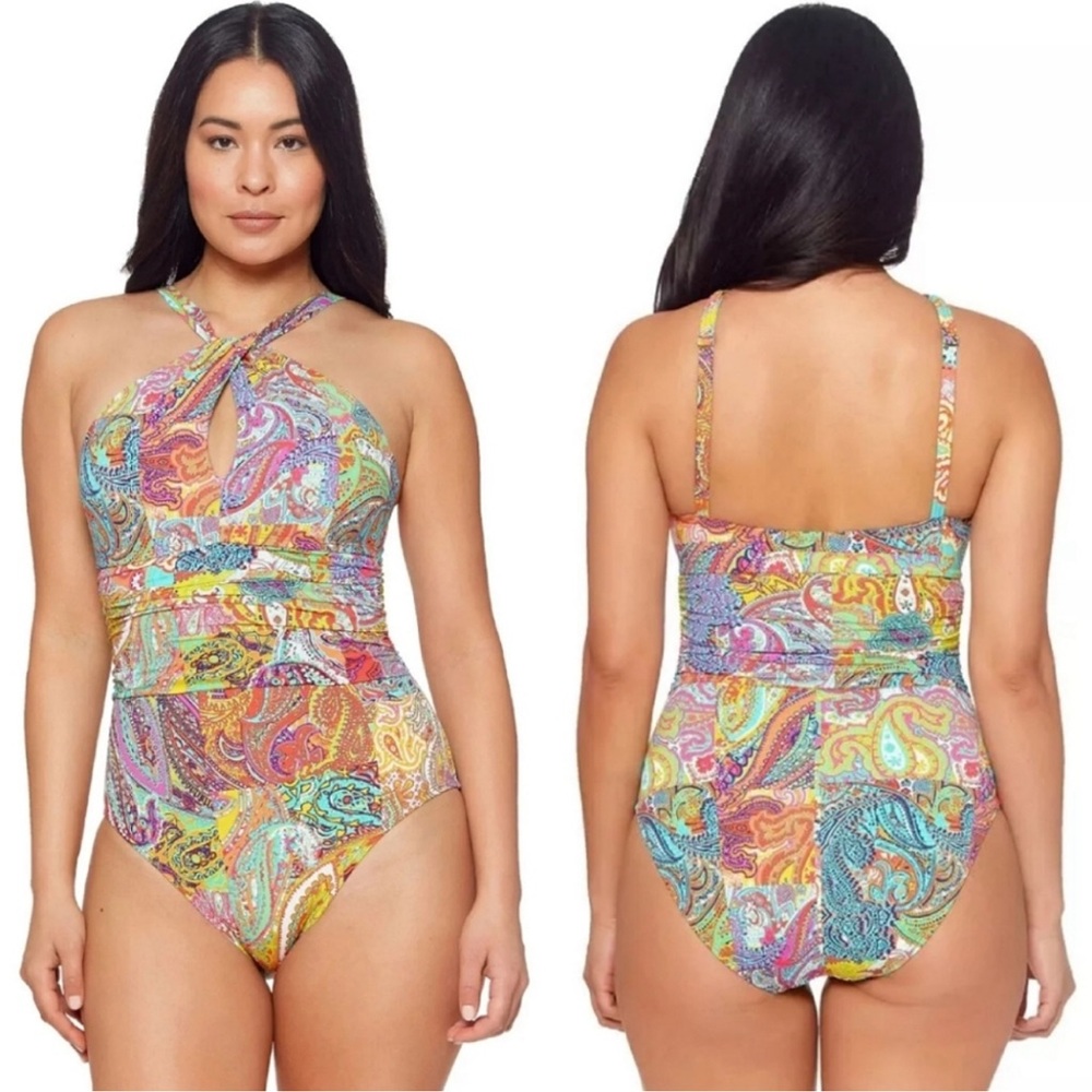 Bleu Rod Beattie Paisley One Piece Multicolor Swimsuit Crossover Halter 6